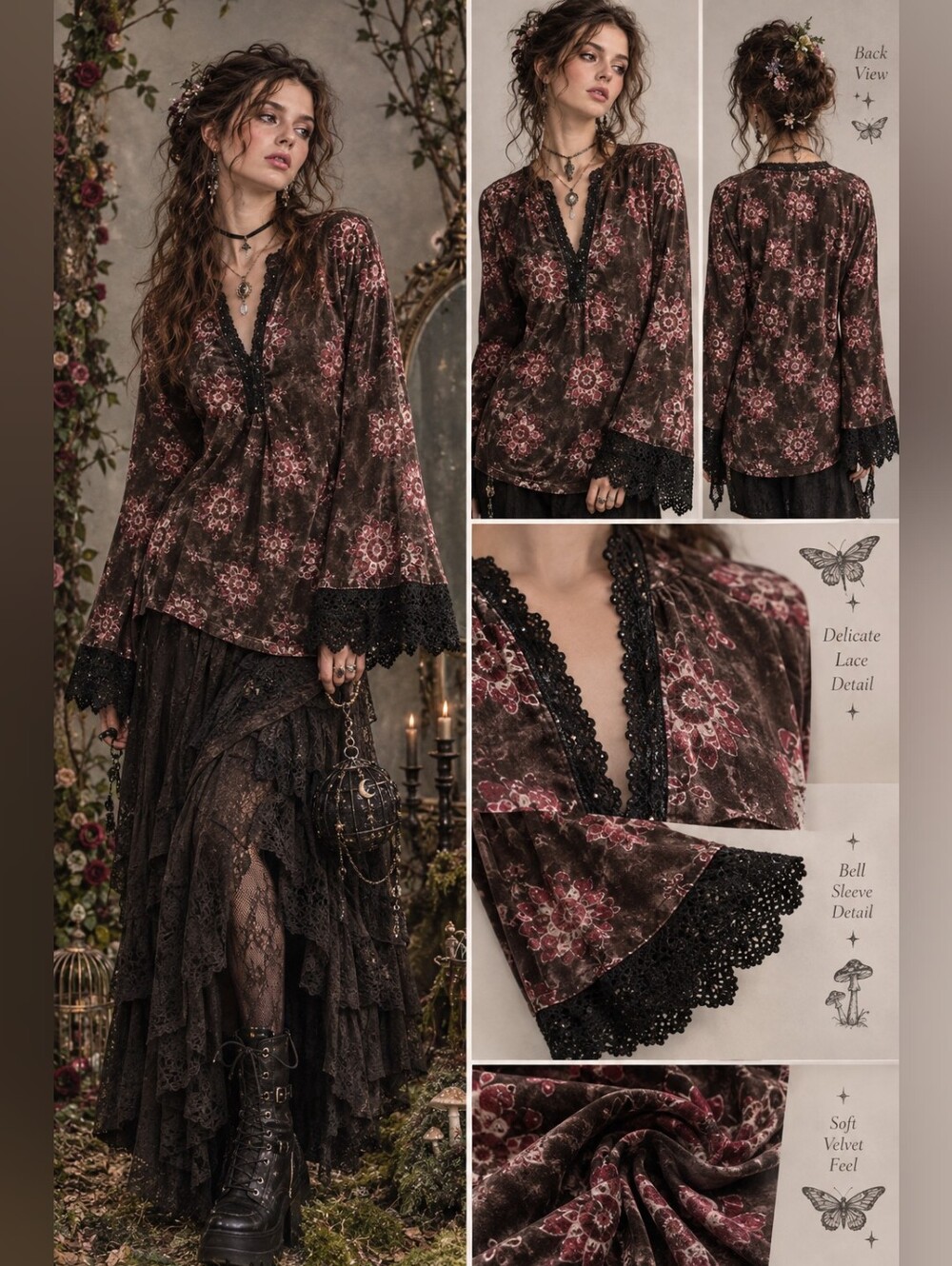 Whimsigoth Velvet Floral Blouse Black Lace Ruffle Cuff V-Neck Top M/L